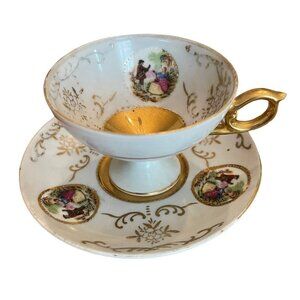 Porcelain with Gold Trim Footed Demitasse Cup and Saucer Set Maruei Courting Cou